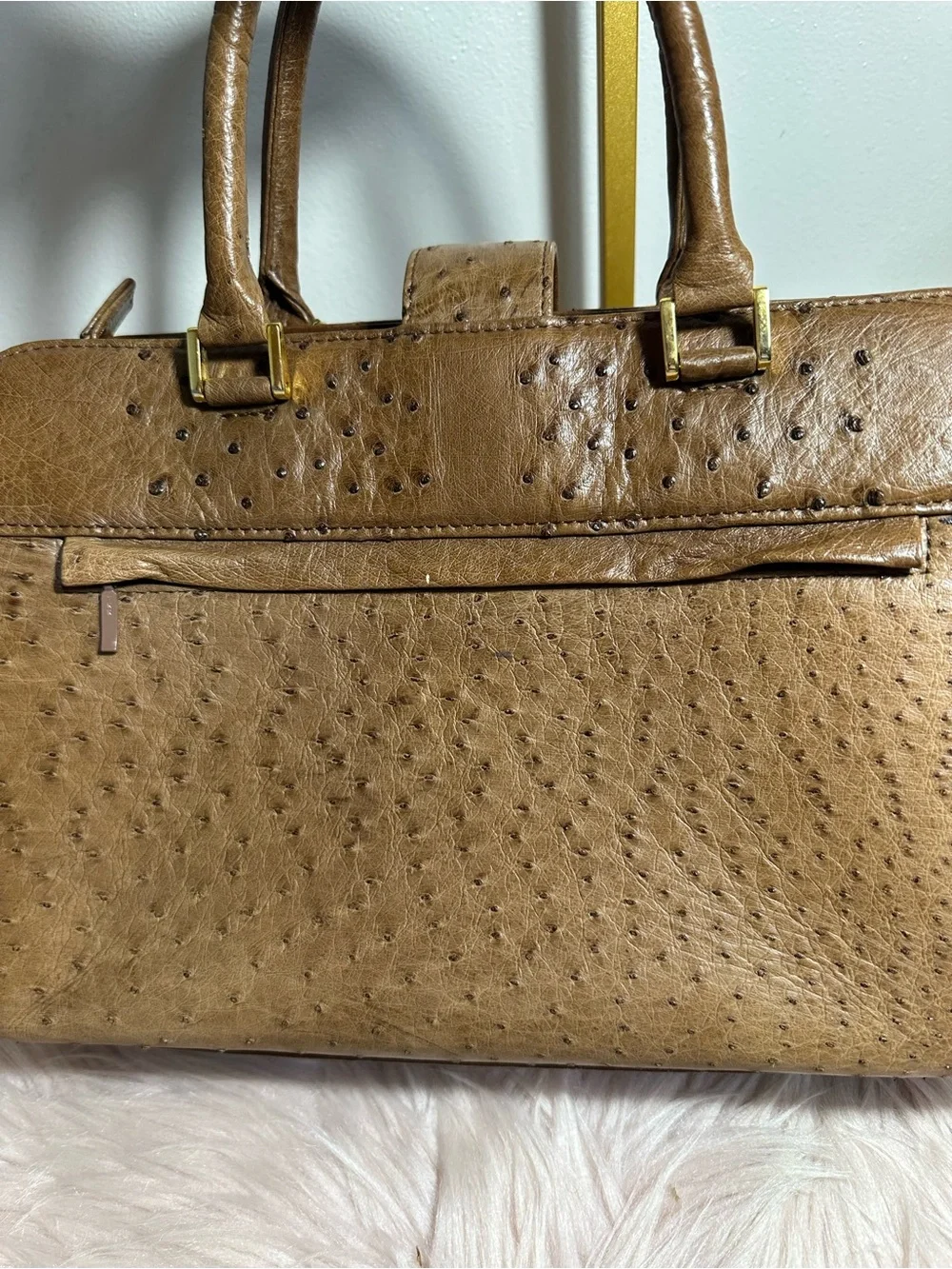 Brown Ostrich-Texture Satchel with Top Handles